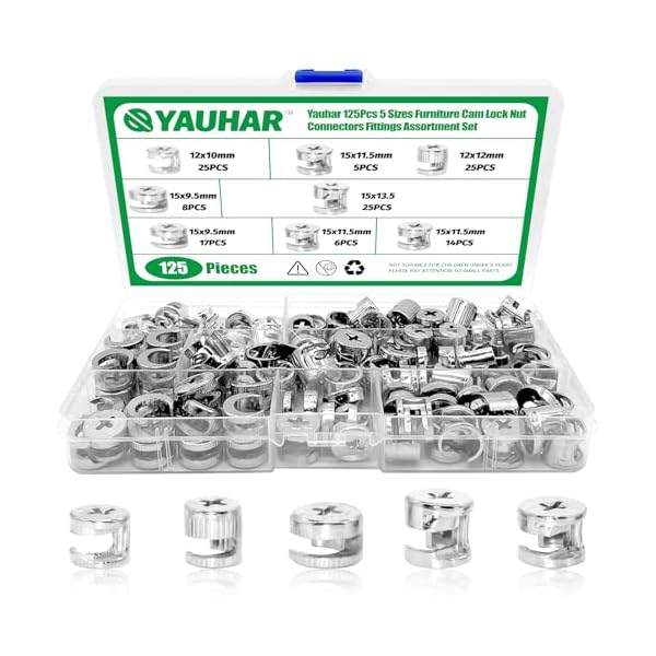125Pcs 5 Sizes Furniture Cam Lock Nut Connectors Fittings, 15 * 9.5/15 * 11.5/15 * 13.5/12 * 10/12 * 12mm Fastener Cabinet Connecting Hardware Bolts for Drawer Closets Bed