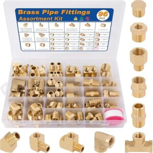 96PCS Brass Pipe Fittings Assortment Kit - NPT Adapter, Reducer Bushing, Hex Nipple, Coupling, Head Plug, 45 & 90 Degree Barstock Street Elbow, Tee Fittings Kit