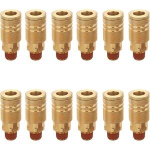 1/4 Inch Brass Male Industrial Coupler, 12 Pack 1/4 Inch Air Hose Fittings NPT Male Quick Connector Air Coupler with sealant for Professional Jobsites and Automotive Shops
