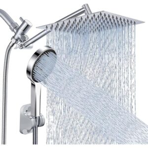 Shower Head, Rain Shower Head with Handheld Spray Combo, 10 Inch Adjustable High Pressure Rainfall Shower Head, Dual Showerhead Set with Extension Arm and 60 Inch Long Shower Hose (Silver)
