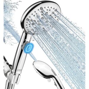 High Pressure Shower Head with Built-in Pause Button, 9-Function Detachable Showerhead with Handheld Brass Swivel Bracket & Stainless Steel Hose, Water Saving 1-Click Stop, Chrome